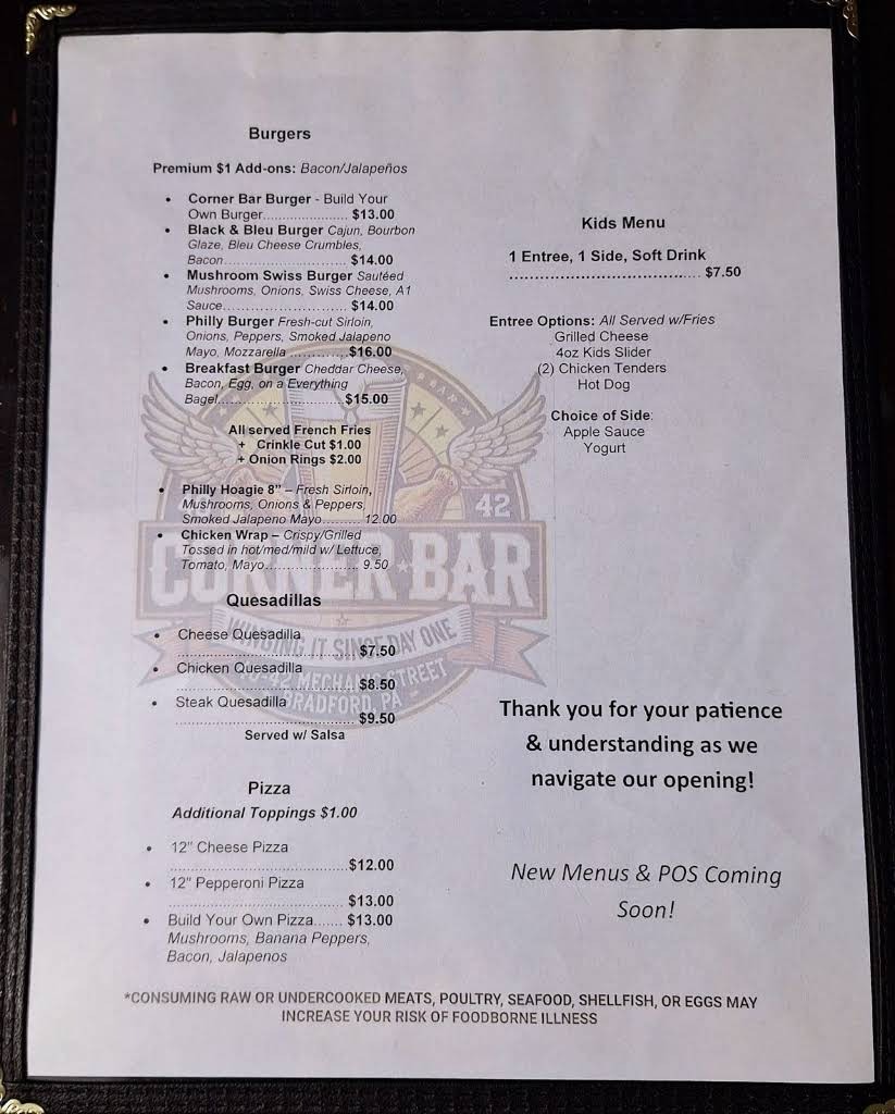 Bradford Corner Bar Burgers & Pizza Menu