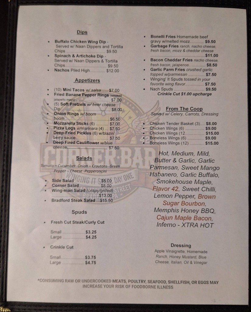 Bradford Corner Bar Wings & Dips Menu